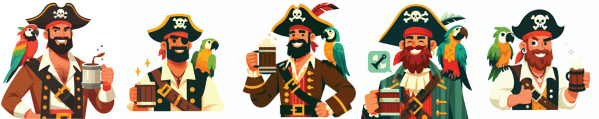 Cartoon Male Pirate Characters with Beer Mugs and Colorful Parrots – Vector Set