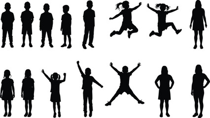Silhouettes of kids standing, jumping, raising hands, playful children vector set, active poses, black outline, isolated child illustrations