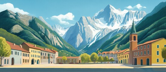 Serene alpine village landscape with snow-capped mountains in the backdrop