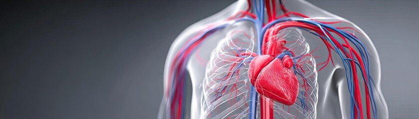 Cardiac output concept. Detailed illustration of human heart and circulatory system.