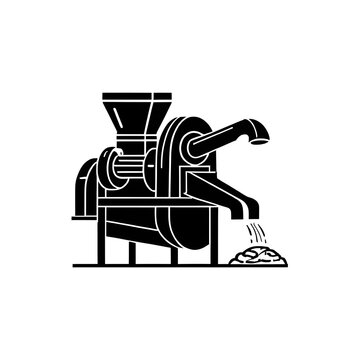 Rice Huller Machine Icon. A clear and concise black and white icon depicting a rice huller or rice husking machine in operation, with processed grains being dispensed