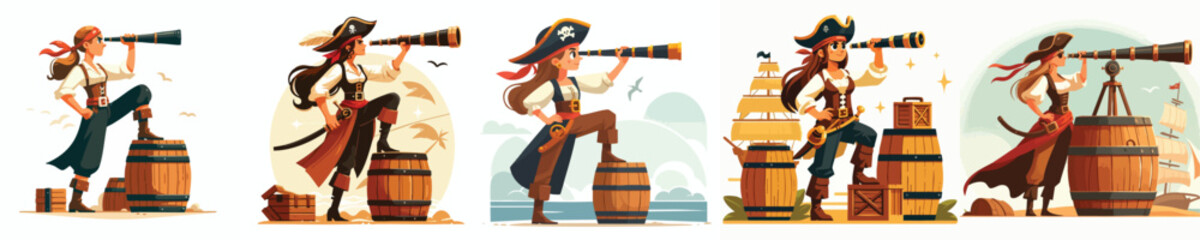 Female Pirate Character Exploring the Sea – Vector Set with Ship, Barrel, and Treasure Props