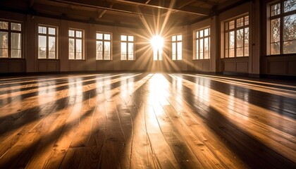 Sunlight streams into a large room with wooden floors