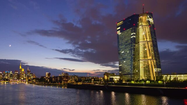 Evening Frankfurt panorama with european central bank headquarters.