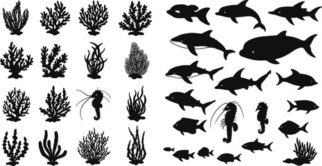 Underwater marine life silhouette, coral reef illustration, tropical fish vector, ocean animals, sea plants, dolphin shark seahorse, black white design