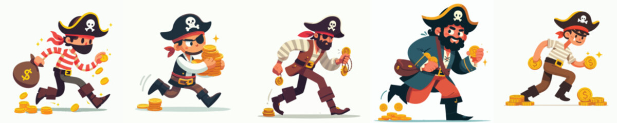 Cartoon Pirate Characters Running with Gold Coins – Funny Treasure Vector Set