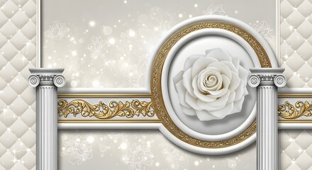 Obraz premium White rose flower luxury background with golden ornaments and classic columns elegant floral design