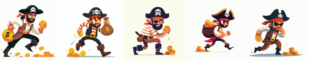Running Pirate Bandits Carrying Gold Coins – Funny Vector Robbery Illustration