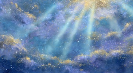 Abstract Blue Cloudscape with Sunbeams and Gold Dust Artistic Background