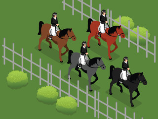 Isometric Illustration of Horseback Riders Practicing Equestrian Training in a Paddock 3d vector illustration