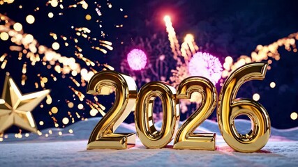 Golden 2026 sign standing on snow with fireworks exploding in the night sky and a golden star on the left, celebrating new year's eve and the beginning of the new year with joy and festivities