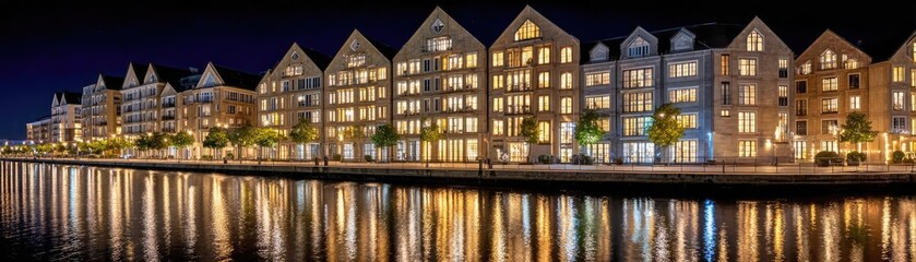 Obraz premium Riverfront hotel concept. Illuminated waterfront buildings reflecting on calm waters at night.