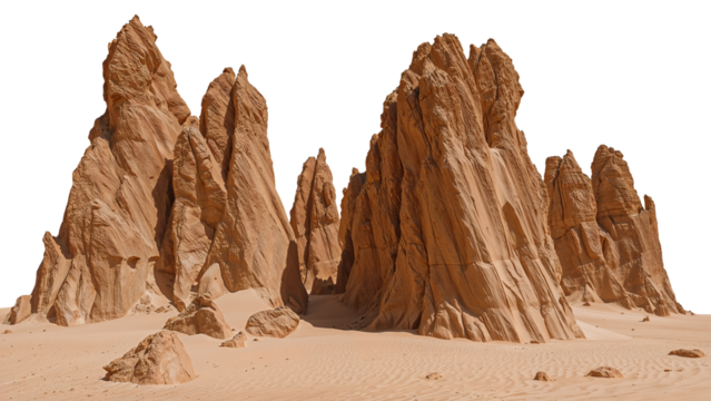 Monumental sandstone formations casting long shadows across sandy expanse with eroded textures