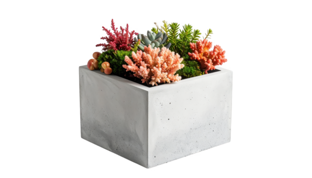 Modern square planter with succulents isolated on transparent background