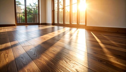 Sunlight streams onto a warm wooden floor in a spacious room with large windows