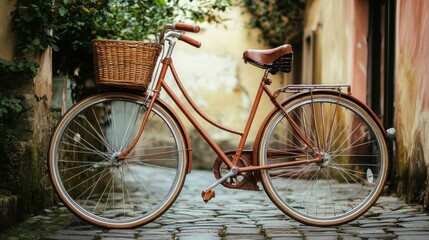 Vintage bicycle with wicker basket parked on cobblestone street in Europe