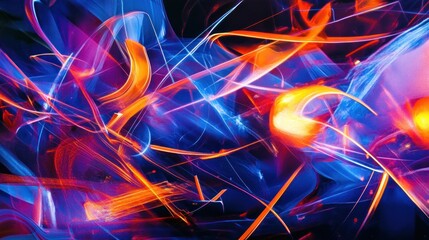 A dynamic abstract scene with sharp glowing lines, neon digital grids, and vibrant light patterns in shades of blue, orange, and purple, cutting through the darkness with energy