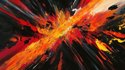 A dynamic, fiery abstract design with sharp streaks of red, orange, and yellow, against a dark background, creating a sense of motion and intensity