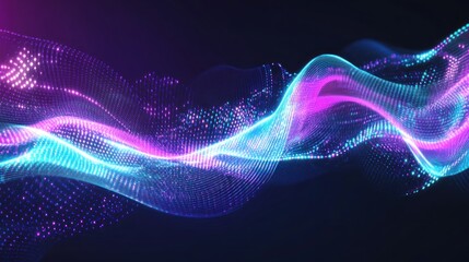 A dynamic futuristic abstract scene with glowing neon shapes, light streaks, and digital grids in shades of blue, purple, and teal, creating a sense of technology and motion