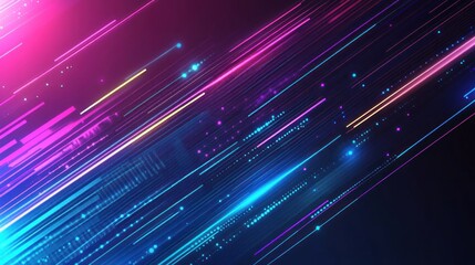 A dynamic futuristic design with neon glowing lines, digital grids, and geometric patterns in shades of blue, teal, and purple, evoking high-tech energy