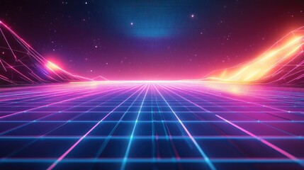 A dynamic futuristic design with neon glowing lines, digital grids, and geometric patterns in shades of blue, teal, and purple, evoking high-tech energy