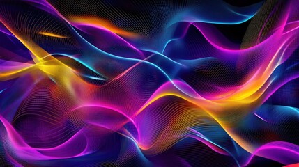 A dynamic neon abstract design with glowing lines, digital grid patterns, and vibrant purple, blue, and yellow hues, evoking a sense of speed and movement