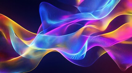A dynamic neon abstract design with glowing lines, digital grid patterns, and vibrant purple, blue, and yellow hues, evoking a sense of speed and movement