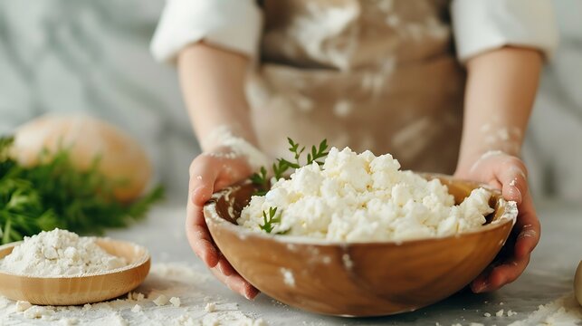 Fresh Cottage Cheese Bowl with Herbs, Food Prep