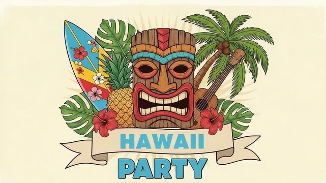 Hawaii party celebration with tiki mask, surfboard, ukulele, pineapple and tropical leaves for summer fun