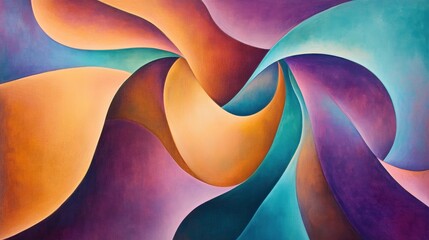 A flowing, organic abstract design with curves and gradients in shades of orange, purple, and teal, giving off a sense of motion and energy