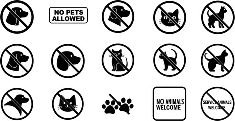 Vector no pets allowed signs collection dogs cats service animals welcome notice black and white icons