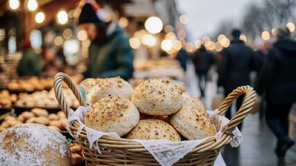 Freshly baked bread rolls in a basket at an outdoor market scene - Powered by Adobe