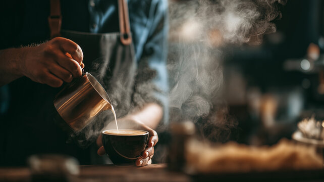 Barista Steaming Milk for Coffee in a Cozy Cafe with Warm Atmosphere