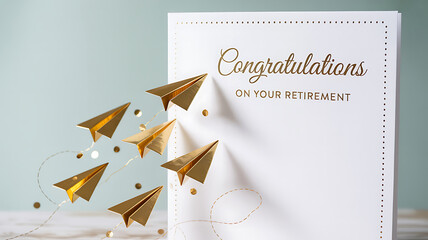 Gold paper airplanes flying around a retirement card