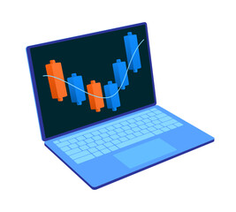 3D Up Growth Stock Graph, Candle Stick Pattern on Blue Laptop for Financial Investment Signs Economic Exchange Market Trend Data Business Trading Success Isolated Cutout Icon Vector Illustration
