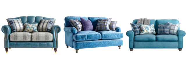 Cozy Blue Sofas with Decorative Cushions on Transparent Background