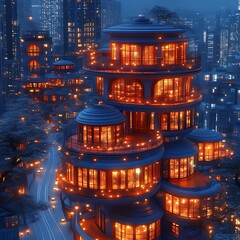 Futuristic city dwellings, illuminated at night. Towering structures with rounded, multi-level floors, glowing windows. Lush trees line the streets