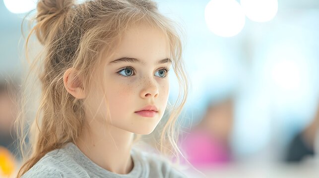 Thoughtful Young Girl with Freckles, Blue Eyes
