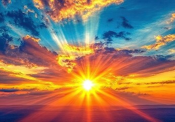 Fototapeta premium Brilliant golden sun bursts through vibrant, painted clouds at sunrise or sunset, radiating warmth across a panoramic horizon