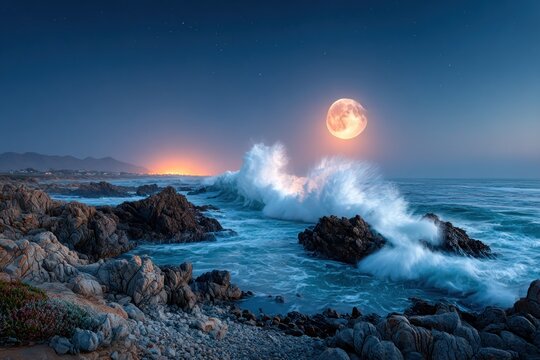 Moonlit ocean waves crashing on rocks (1)