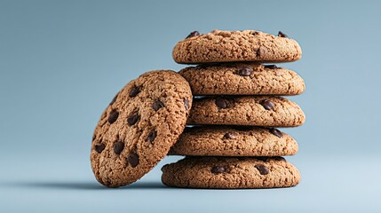 Stack of chocolate chip cookies against a light blue background.