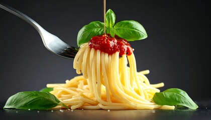 Forkful of spaghetti with tomato sauce and basil (1)