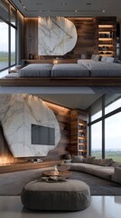 Modern minimalist living area with marble and wood accents