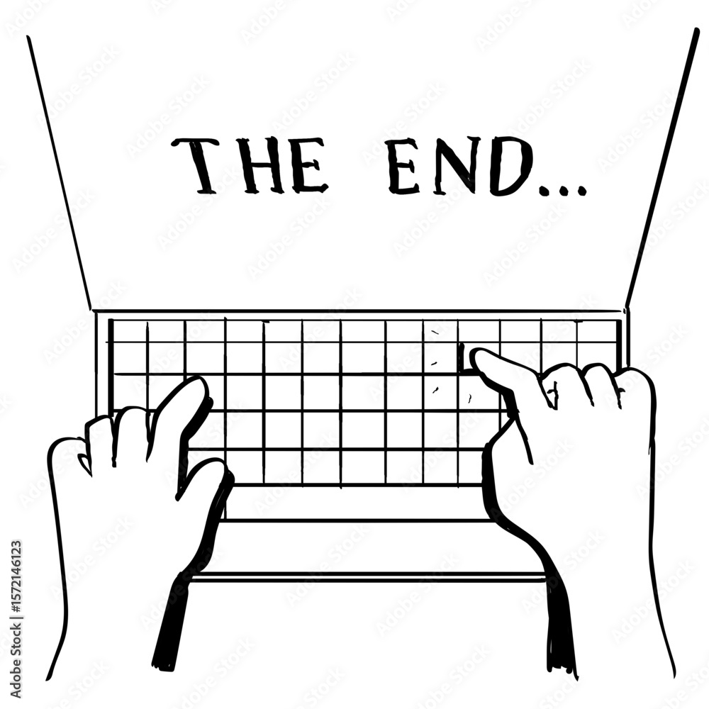Fototapete drawing sketch style illustration of a hand typing ?the end? on laptop computer keyboard high angle 