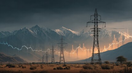 A line of electrical towers stretches across a desert landscape with mountains in the background, overlaid with stock market graphs and data visualization.
