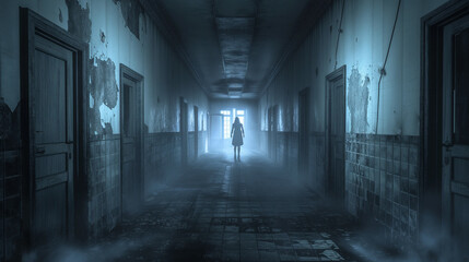Fototapeta premium Figure standing in foggy haunted hallway