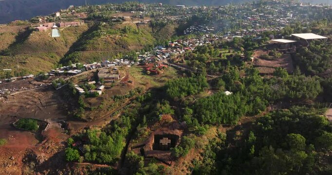 St. George Church In Lalibela Town, Ethiopia - Aerial Drone Shot