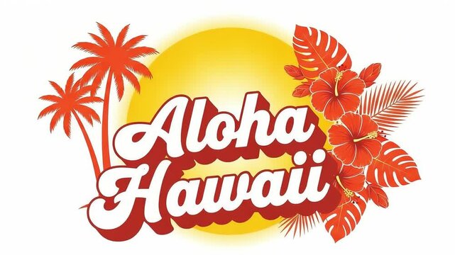Vibrant Hawaii themed design with tropical flowers, palm trees, and warm sun illustration for summer vacation, travel, and relaxation vibes
