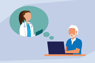 Senior Man Having Online Medical Consultation with Female Doctor 2d flat vector illustrations