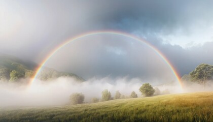 Beautiful rainbow in a summer sky over a green landscape with fields and distant hills